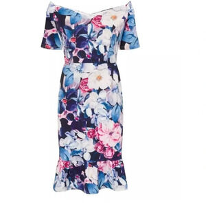 Paper Dolls London US 14 floral print frill ruffle hemline romantic dress Bardot